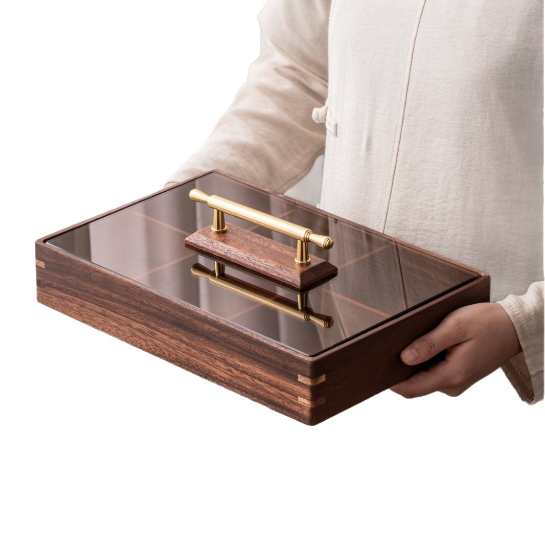 Walnut wood double-layer snack box for home use, living room coffee table, wooden dry fruit box, candy box, snack tray, six-compartment stackable-Lovesyouforever