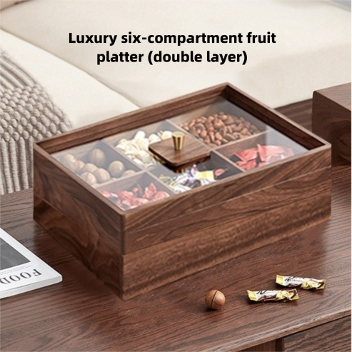 Black walnut wood six-compartment dry fruit tray, new Chinese-style candy box, light luxury high-end home living room coffee table fruit and dry fruit box-Lovesyouforever