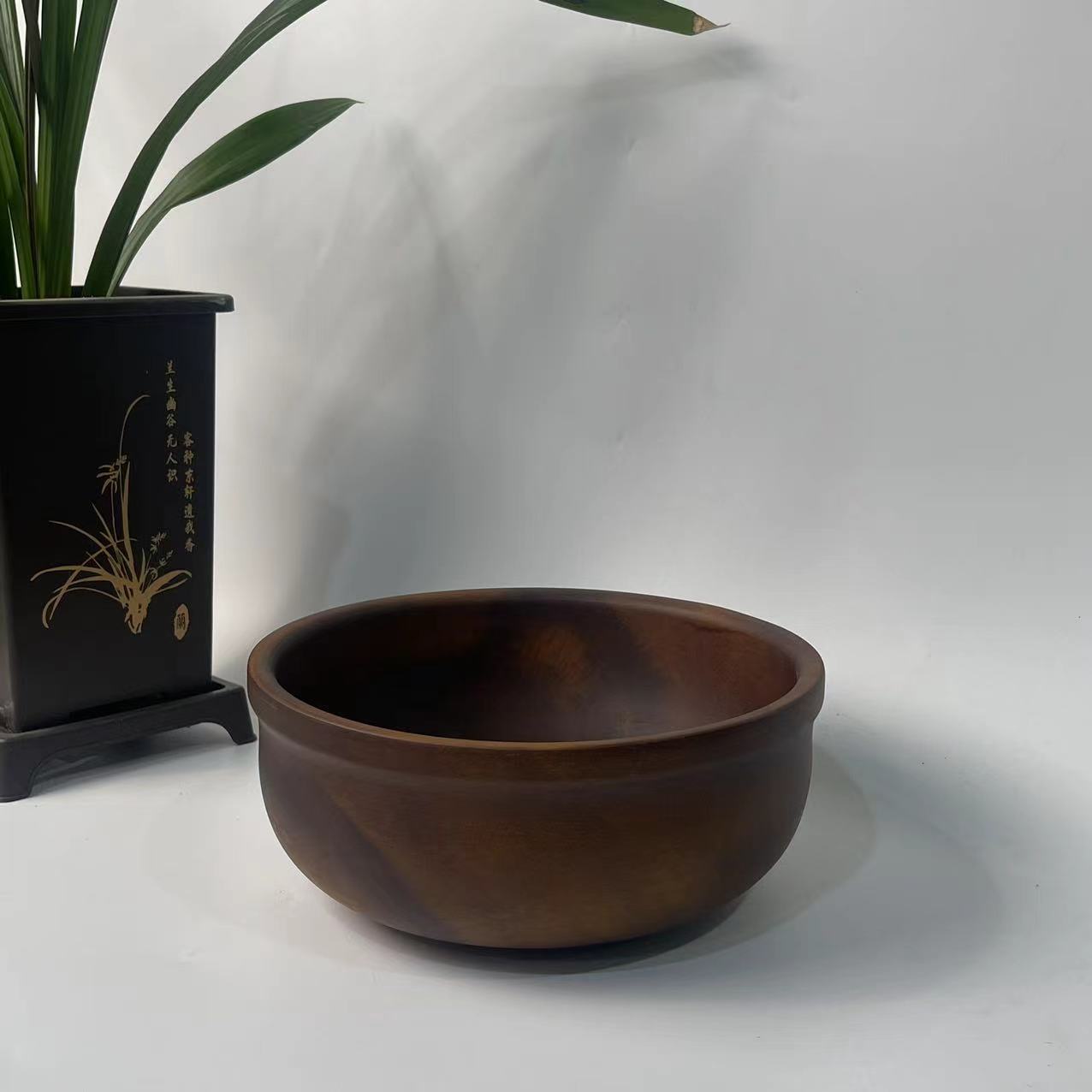 Solid walnut wood salad bowl, solid wood flat-bottomed large soup bowl, home use acacia wood exquisite bowl, noodle soup bowl, wooden basin-Lovesyouforever