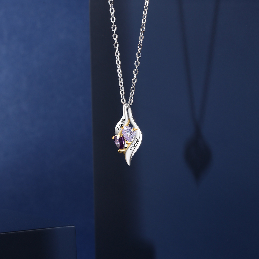 Personalized S925 Necklace With 2 Heart Birthstones Engraved Names Gift For Her-Lovesyouforever
