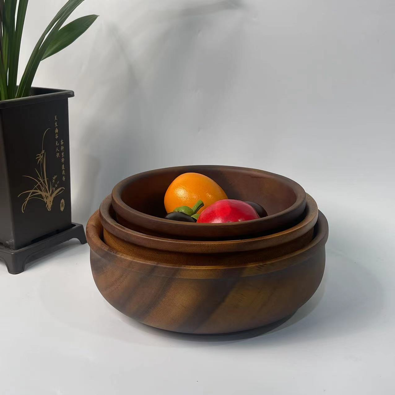 Solid walnut wood salad bowl, solid wood flat-bottomed large soup bowl, home use acacia wood exquisite bowl, noodle soup bowl, wooden basin-Lovesyouforever