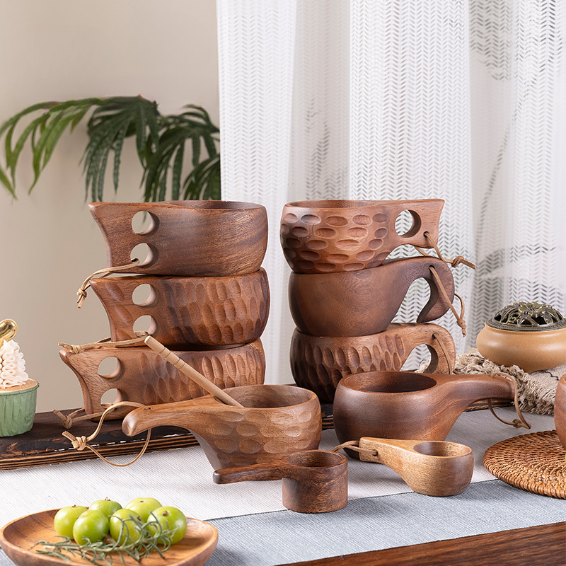 DIY walnut wood milk cup, acacia wood salad cup, solid wood creative mug with handle, coffee cup-Lovesyouforever