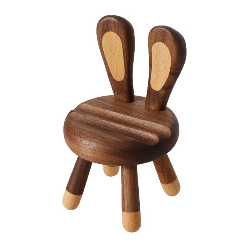 Black walnut wood chair phone stand, creative cute rabbit stool, cartoon live streaming desktop solid wood ornament stand-Lovesyouforever
