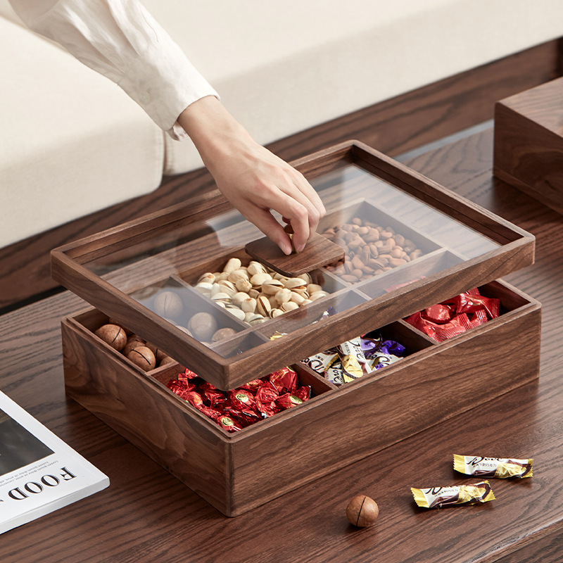 Black walnut wood six-compartment dry fruit tray, new Chinese-style candy box, light luxury high-end home living room coffee table fruit and dry fruit box-Lovesyouforever