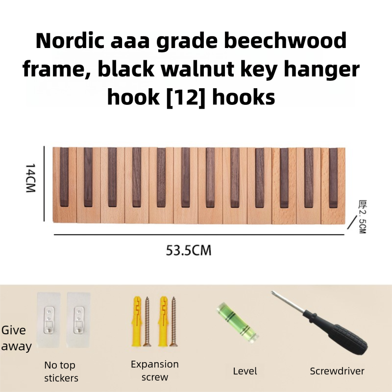 Piano key-style coat rack, key-shaped wall hook for entryway and bedroom, no-drill wall-mounted coat and hat hook, walnut and beech wood-Lovesyouforever