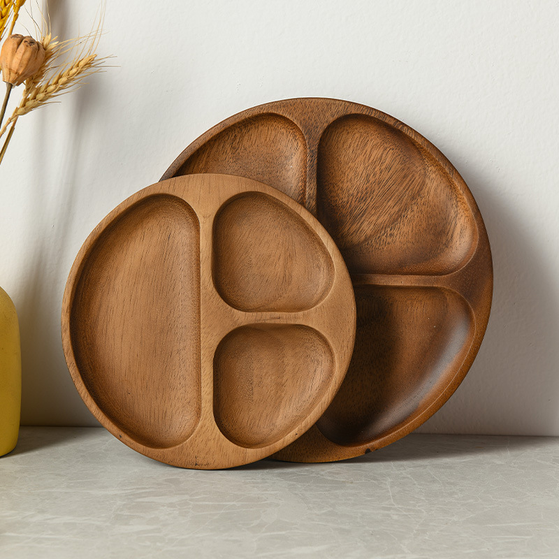 Japanese-style walnut wood round serving plate, acacia wood children's snack plate, solid wood plate, sushi plate, tea fruit plate, snack dish-Lovesyouforever