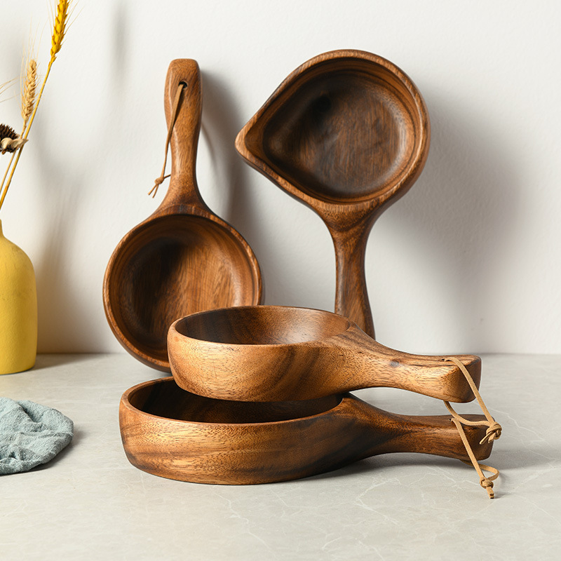 Korean-style solid wood handle bowl, acacia wood water scoop, solid wood measuring spoon, large water scoop, South American walnut wood salad bowl-Lovesyouforever