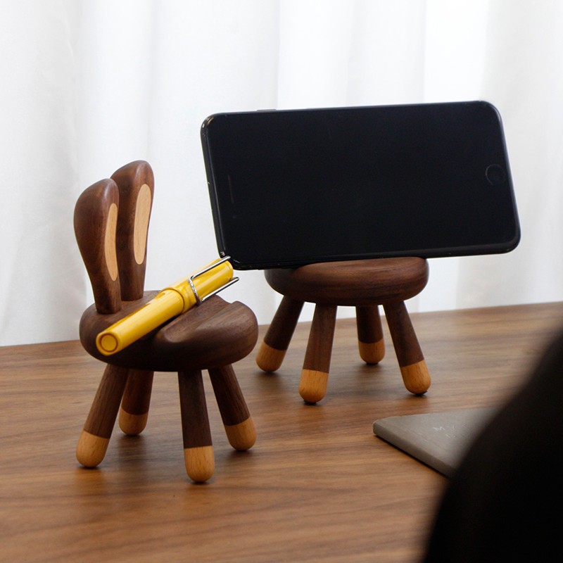 Black walnut wood chair phone stand, creative cute rabbit stool, cartoon live streaming desktop solid wood ornament stand-Lovesyouforever