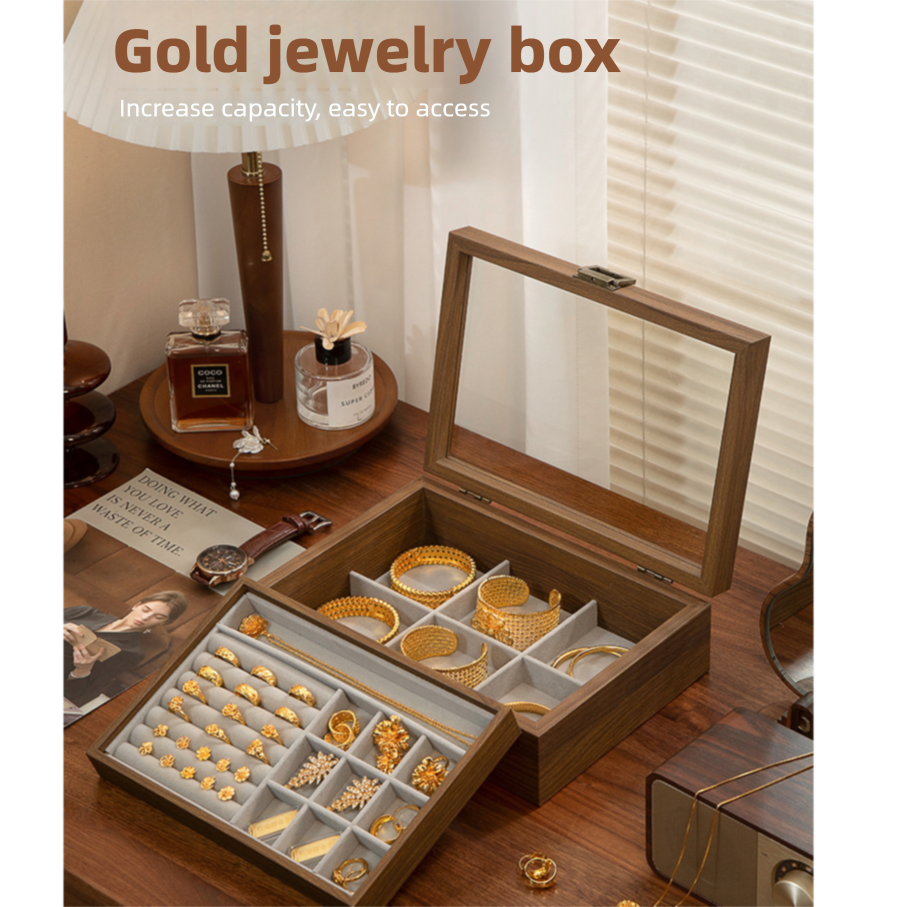New walnut wood gold jewelry storage box, exquisite counter display prop for rings and necklaces-Lovesyouforever