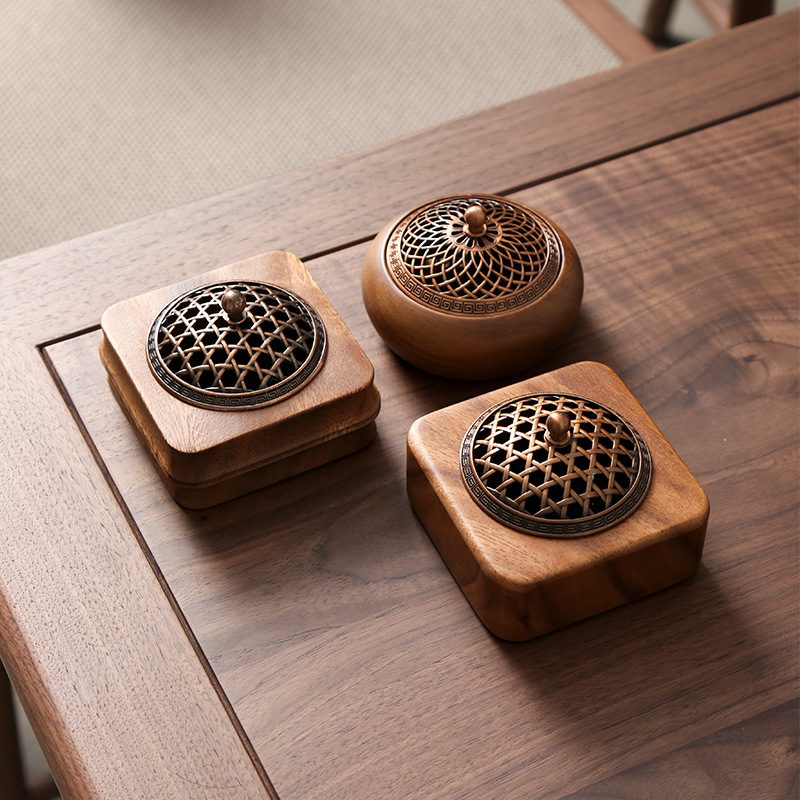 South American walnut wood Chinese-style incense burner for home use in living room and bedroom, solid wood aromatherapy burner, round hollow incense box, incense holder, decorative piece-Lovesyouforever