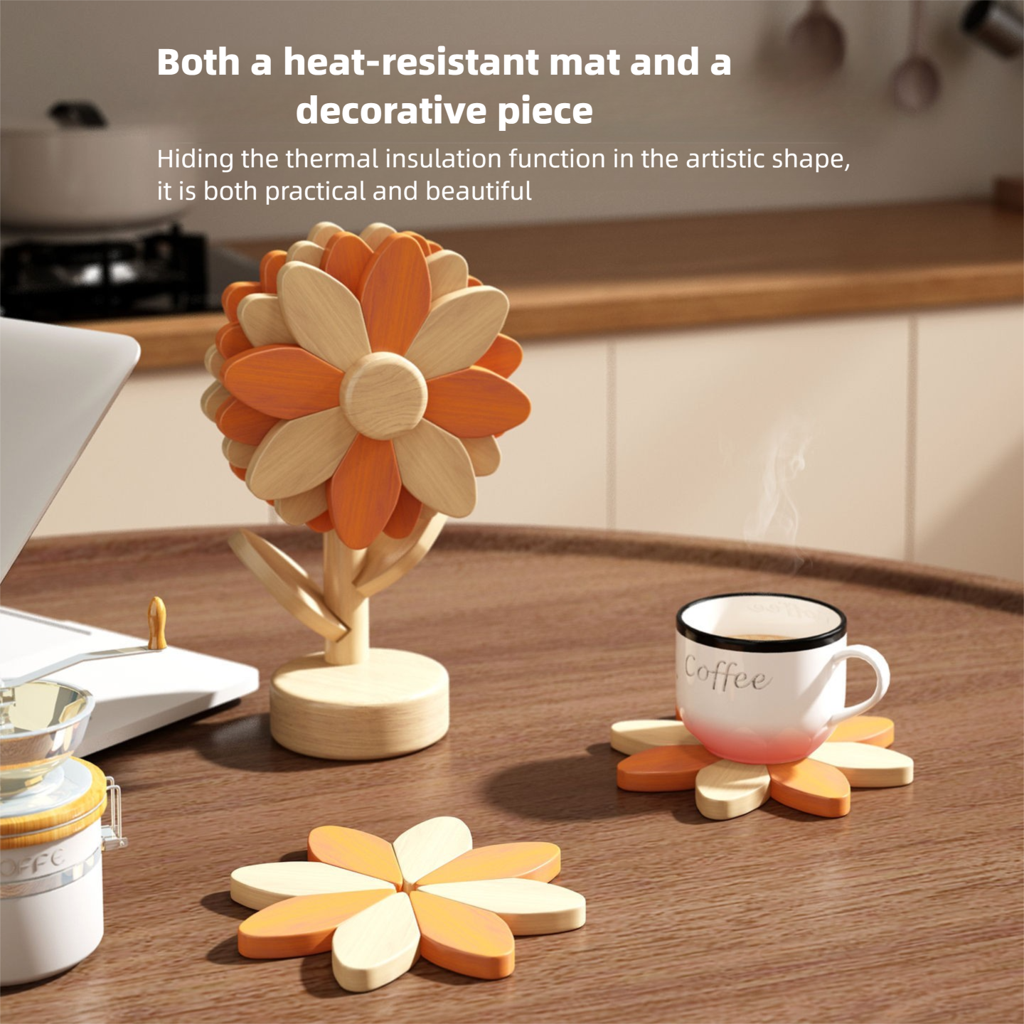 Sunflower placemat, solid wood heat-insulating mat, anti-scalding and high-temperature resistant, for kitchen and home use, table mat for bowls, plates, and cups, heat-resistant mat-Lovesyouforever
