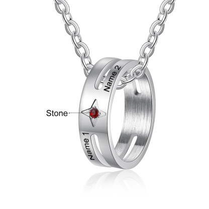 Personalized 2 Name Ring Pendant Necklace with 1 Birthstone for Women-Lovesyouforever