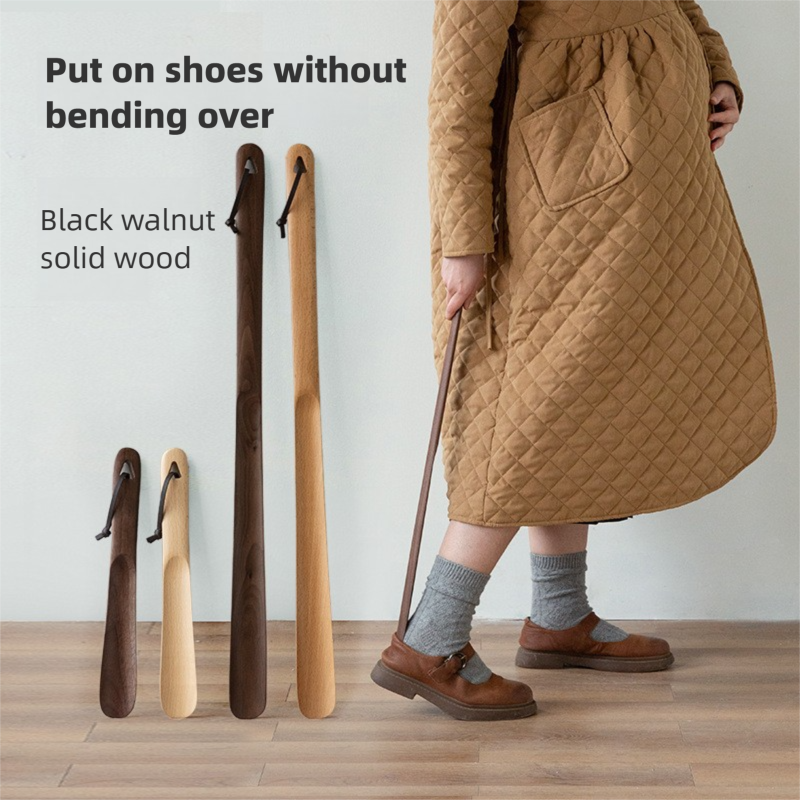 Walnut wood shoehorn, beech wood household shoe puller, shoe handle, shoe lifter, long-handled shoehorn, shoe lifter-Lovesyouforever