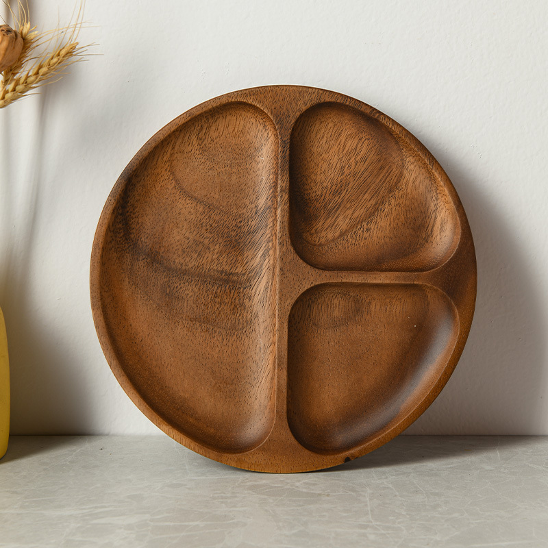 Japanese-style walnut wood round serving plate, acacia wood children's snack plate, solid wood plate, sushi plate, tea fruit plate, snack dish-Lovesyouforever