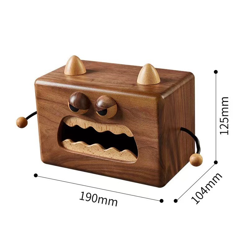 Little monster tissue box in black walnut wood, ins-style creative desktop vintage wooden napkin storage box for the living room-Lovesyouforever