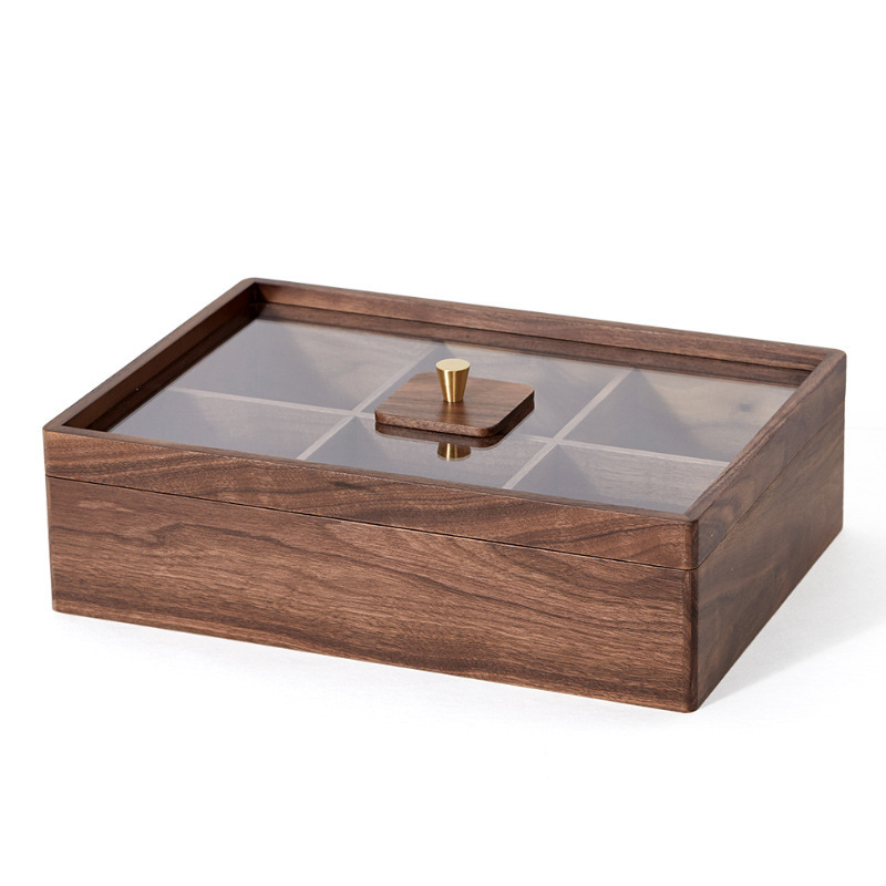 Black walnut wood six-compartment dry fruit tray, new Chinese-style candy box, light luxury high-end home living room coffee table fruit and dry fruit box-Lovesyouforever