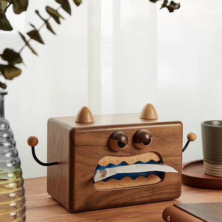 Little monster tissue box in black walnut wood, ins-style creative desktop vintage wooden napkin storage box for the living room-Lovesyouforever