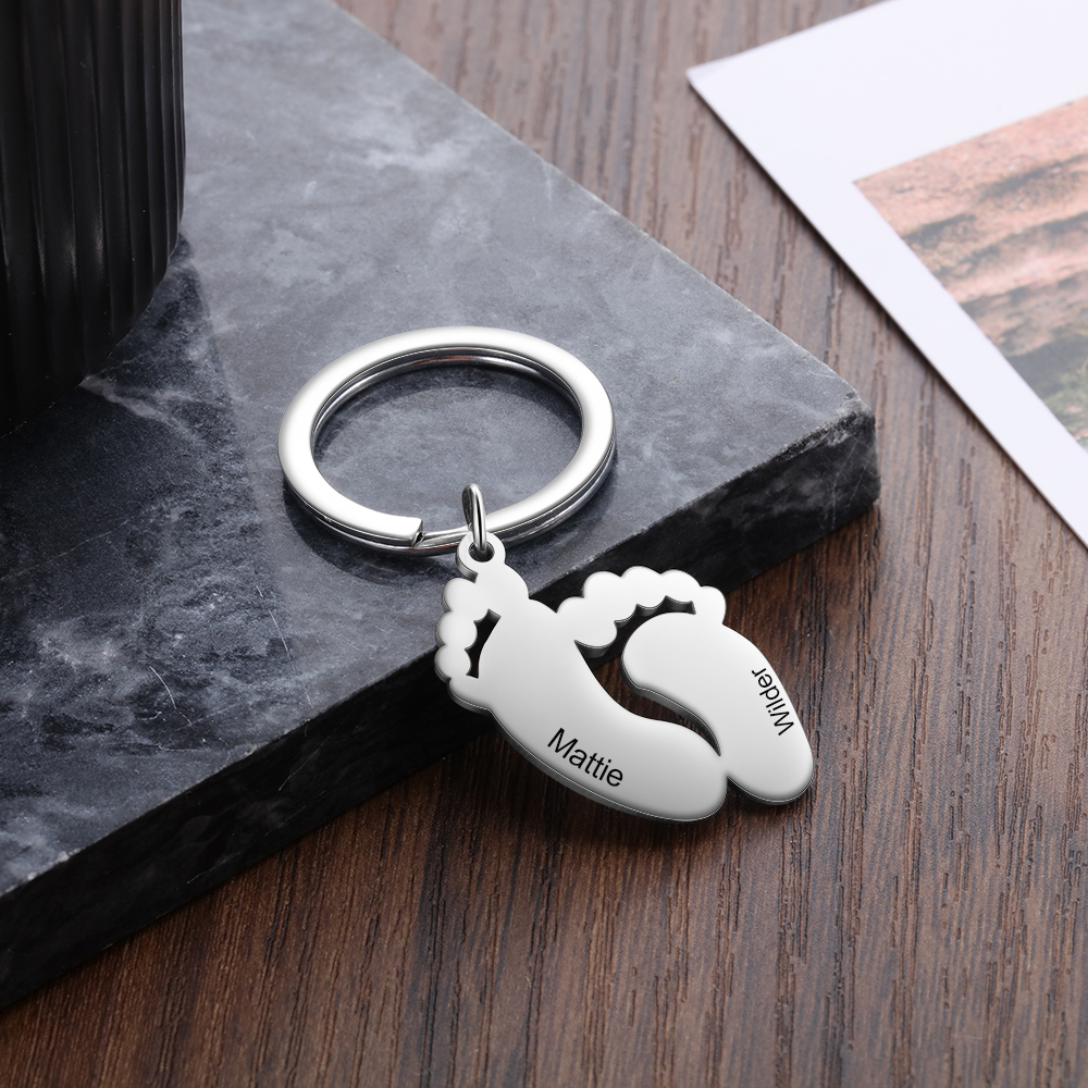 2 Names-Personalized Keychain Custom Baby Foot First Name-Lovesyouforever