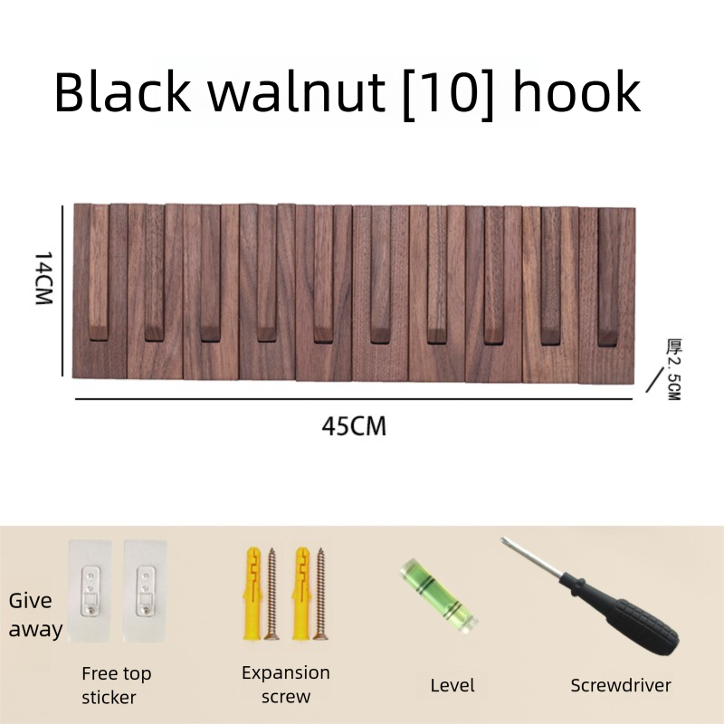 North American black walnut wood coat rack with piano key-style hooks for entryway, bedroom, wall-mounted, no-drill required coat and hat hook-Lovesyouforever