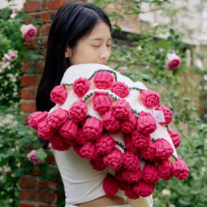 Hand-Knitted Red Rose & Sunflower Blanket Ready-Made Gift for Mother's Day-Lovesyouforever