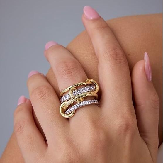 ✨14K Gold Plated Women's Interlocking Stackable Ring - Cubic Zirconia Two-Tone Connection✨