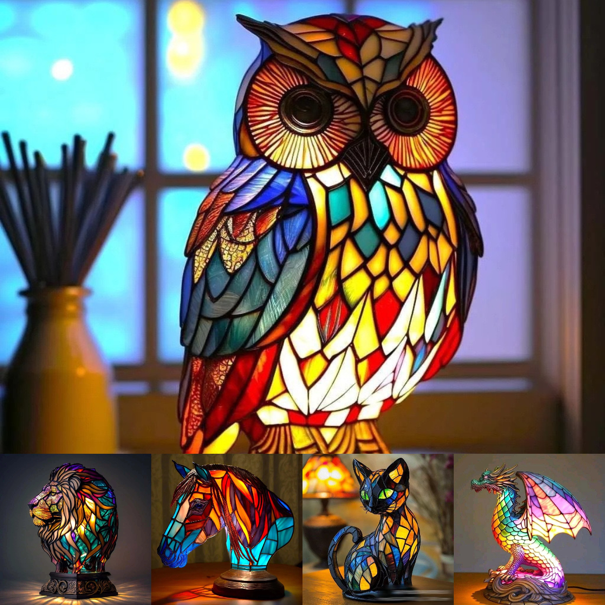 🐱🦉Gyanta díszek, LED éjszakai fény, művészet, állatszobor, kreatív dekoráció irodába, otthonra, USB porttal ellátott kapcsoló