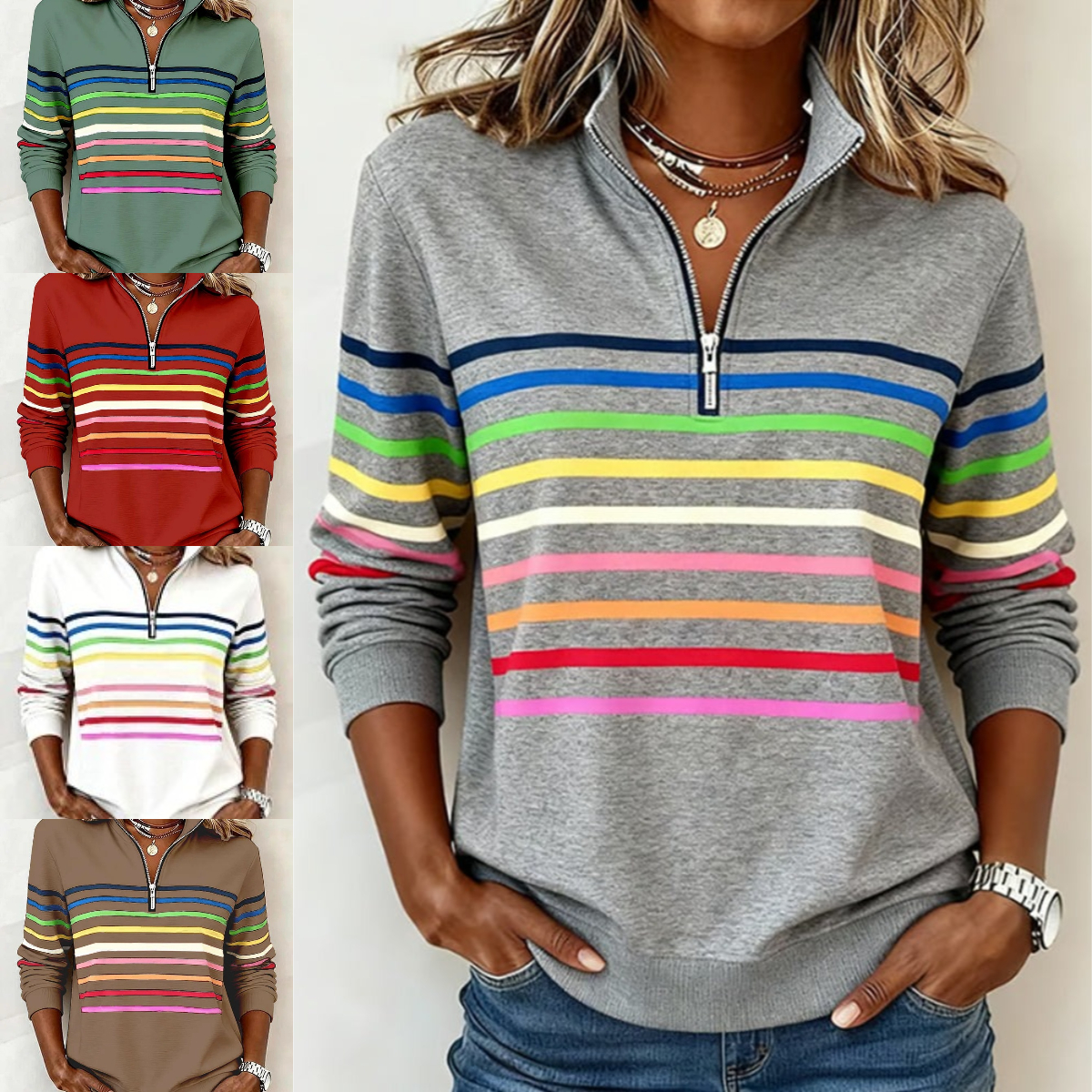 Divatos, szivárványcsíkos pulóver cipzáras gallérral