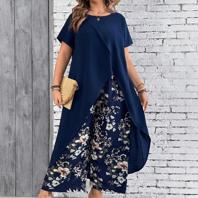 【L-4XL】Női egyszínű felső és nyomtatott nadrág szett