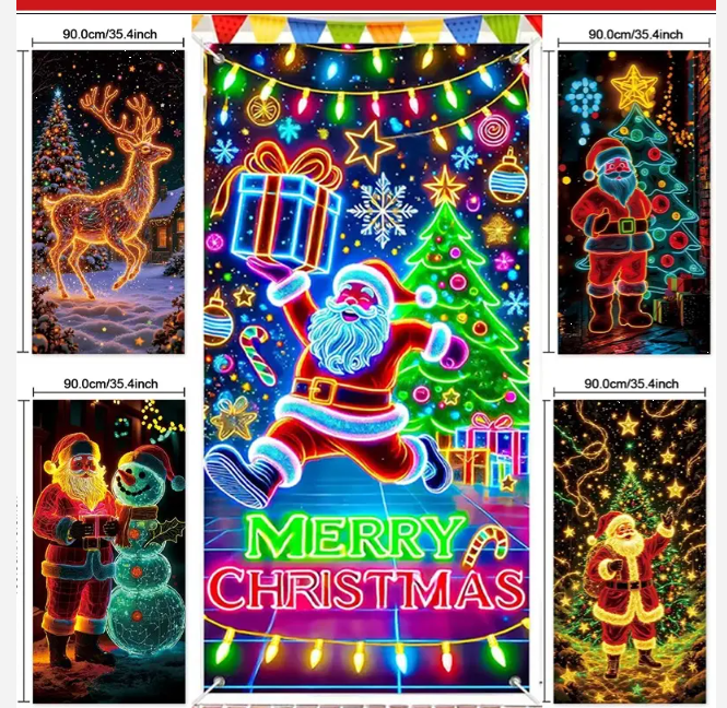 🎅UV fluoreszkáló karácsonyi banner ajtóra/háttérre/karácsonyi parti dekorációra/lógó karácsonyi dekorációs anyagra