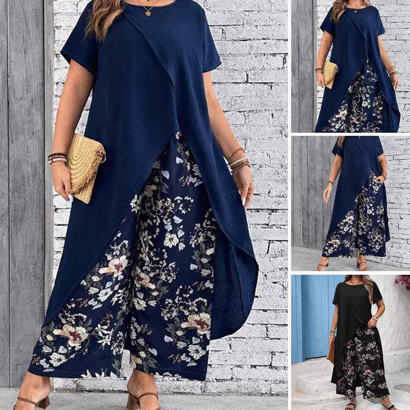 【L-4XL】Női egyszínű felső és nyomtatott nadrág szett