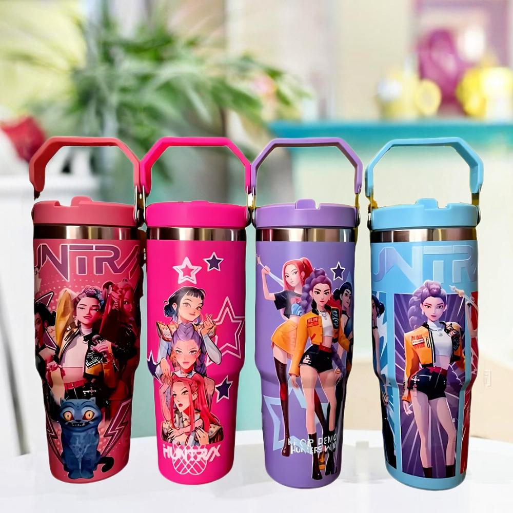 🥤K-Pop szellemvadászat témájú hőszigetelt bögre tetővel és szívószállal, újrafelhasználható. Családi használatra, utazáshoz, munkahelyi vagy iskolai használatra, de kávéhoz is kiváló.