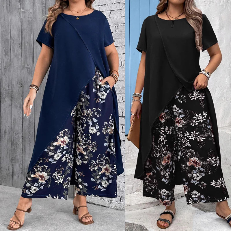 【L-4XL】Női egyszínű felső és nyomtatott nadrág szett