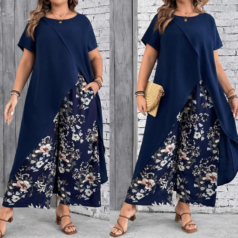 【L-4XL】Női egyszínű felső és nyomtatott nadrág szett