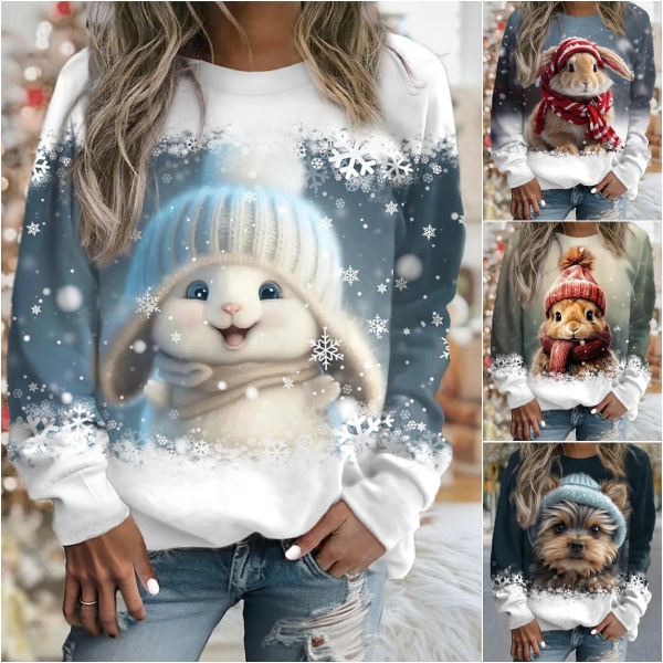 【S-6XL】🐇Aranyos nyúlmintás, kerek nyakú női pulóver
