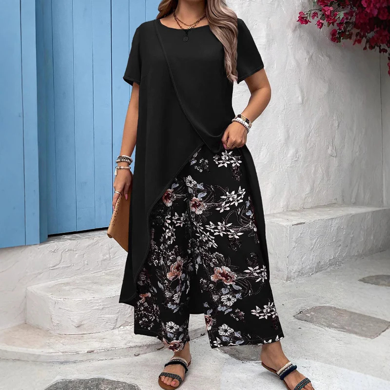 【L-4XL】Női egyszínű felső és nyomtatott nadrág szett