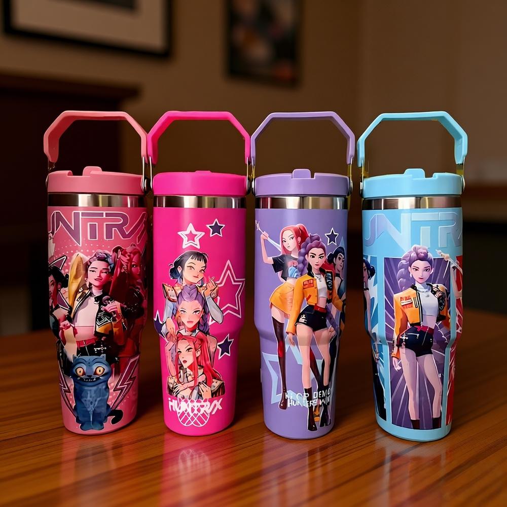 🥤K-Pop szellemvadászat témájú hőszigetelt bögre tetővel és szívószállal, újrafelhasználható. Családi használatra, utazáshoz, munkahelyi vagy iskolai használatra, de kávéhoz is kiváló.