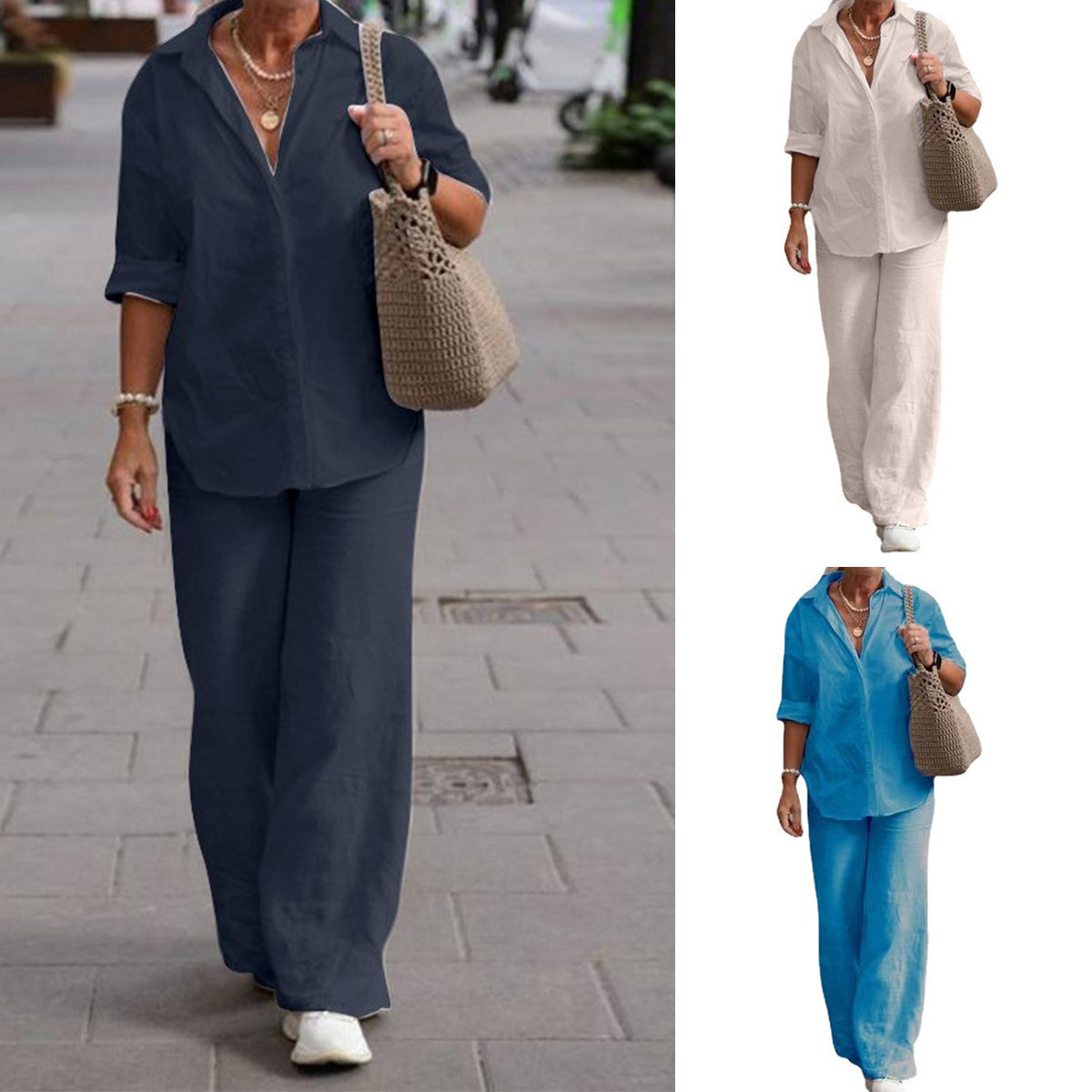 🔥[S-5XL]Пълноценен дамски комплект за свободното време 2026 - Широки ризи от памук и лен и широки панталони