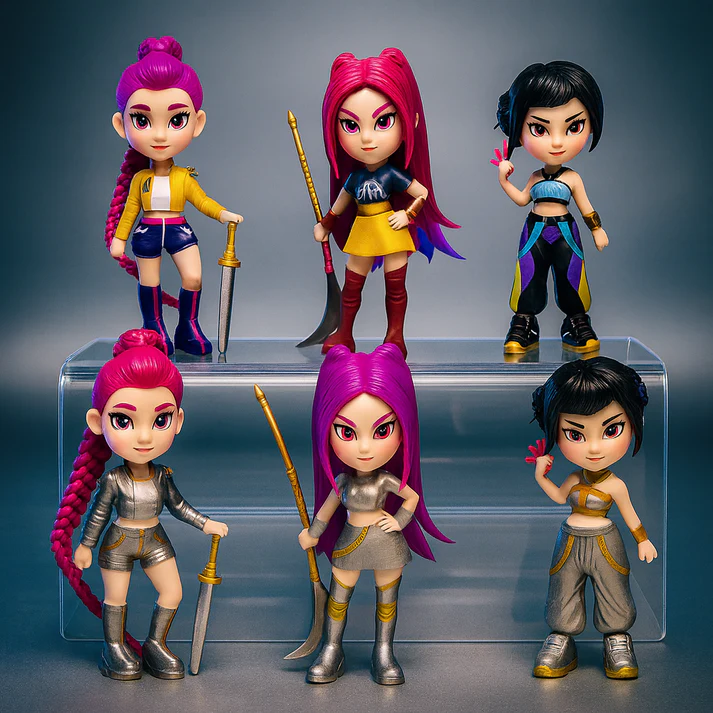 Egy 6 darabos K-Pop figura ajándékkészlet, egyedi ruhákkal és kiegészítőkkel.