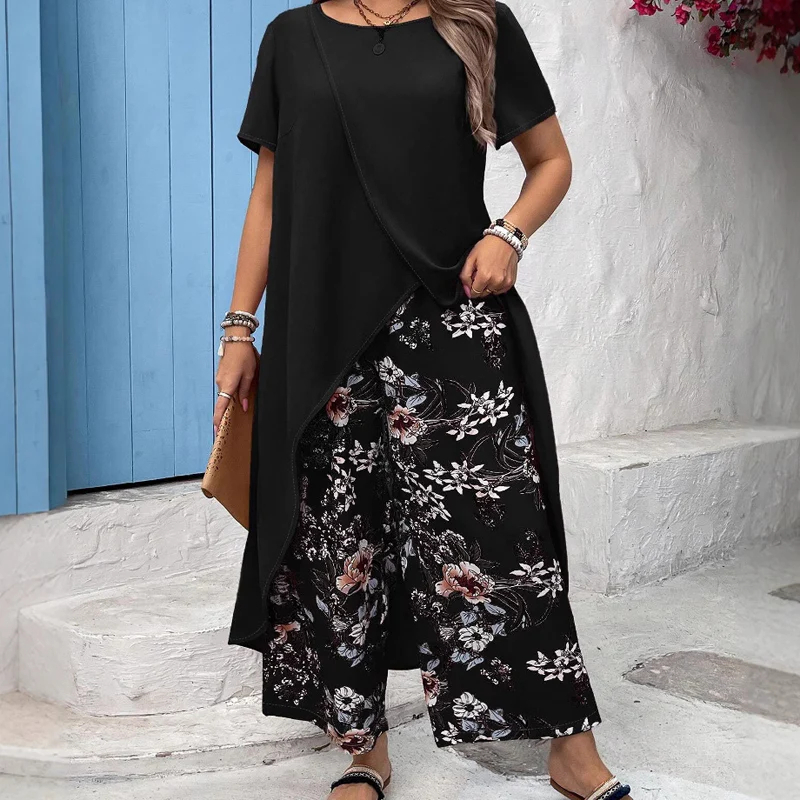 【L-4XL】Női egyszínű felső és nyomtatott nadrág szett