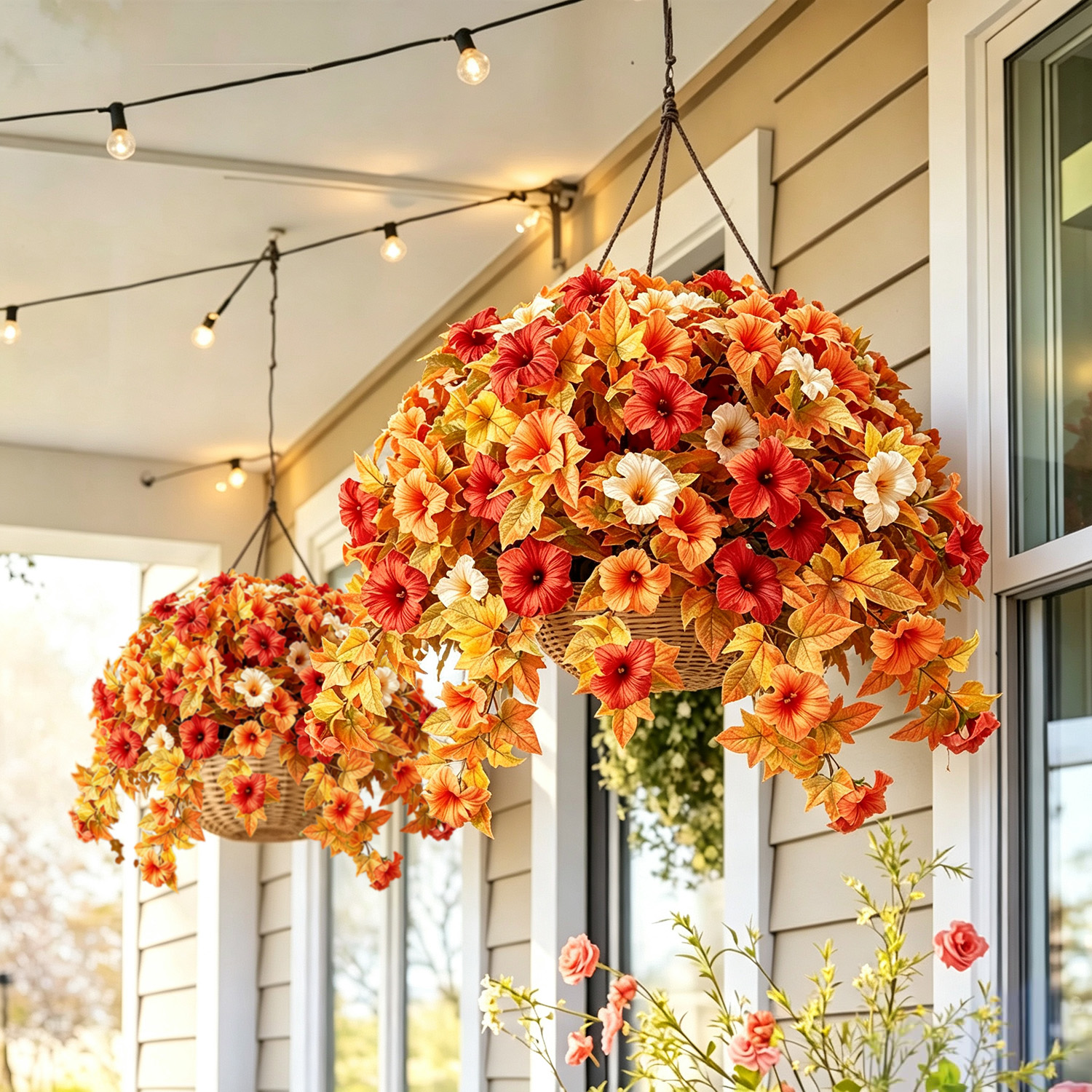 🍂 Artificial Fall Harvest Hanging Basket🔥UV Resistant Faux Petunia Flowers – Fade-Proof Outdoor Floral Decor