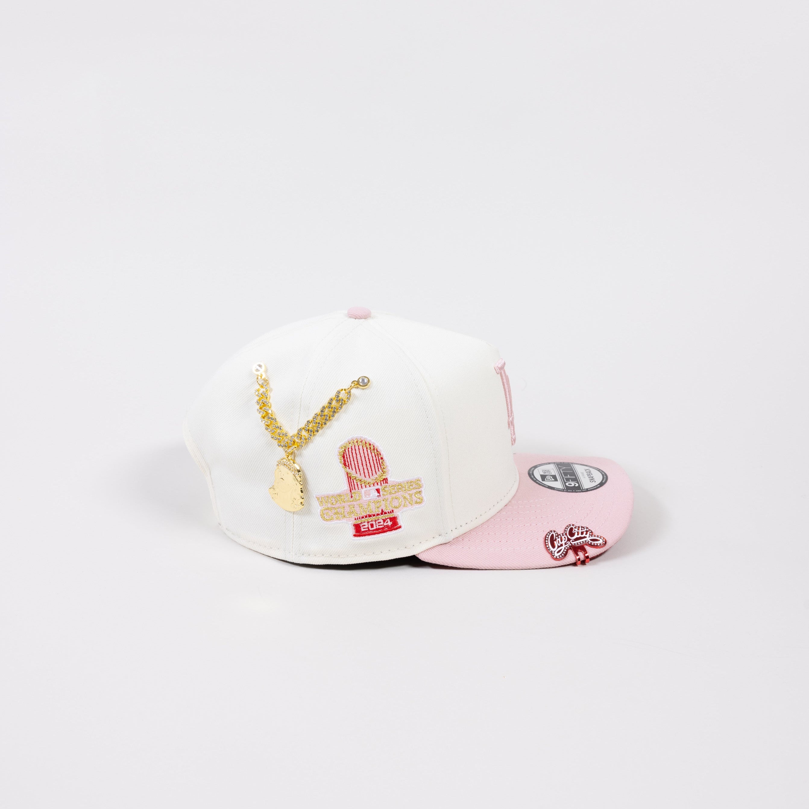 NEW ERA EXCLUSIVE 9FIFTY A-FRAME CHROME/ SOFT PINK LOS ANGELES DODGERS SNAPBACK W/ 2024 WORLD SERIES CHAMPIONS SIDE PATCH-Maverick