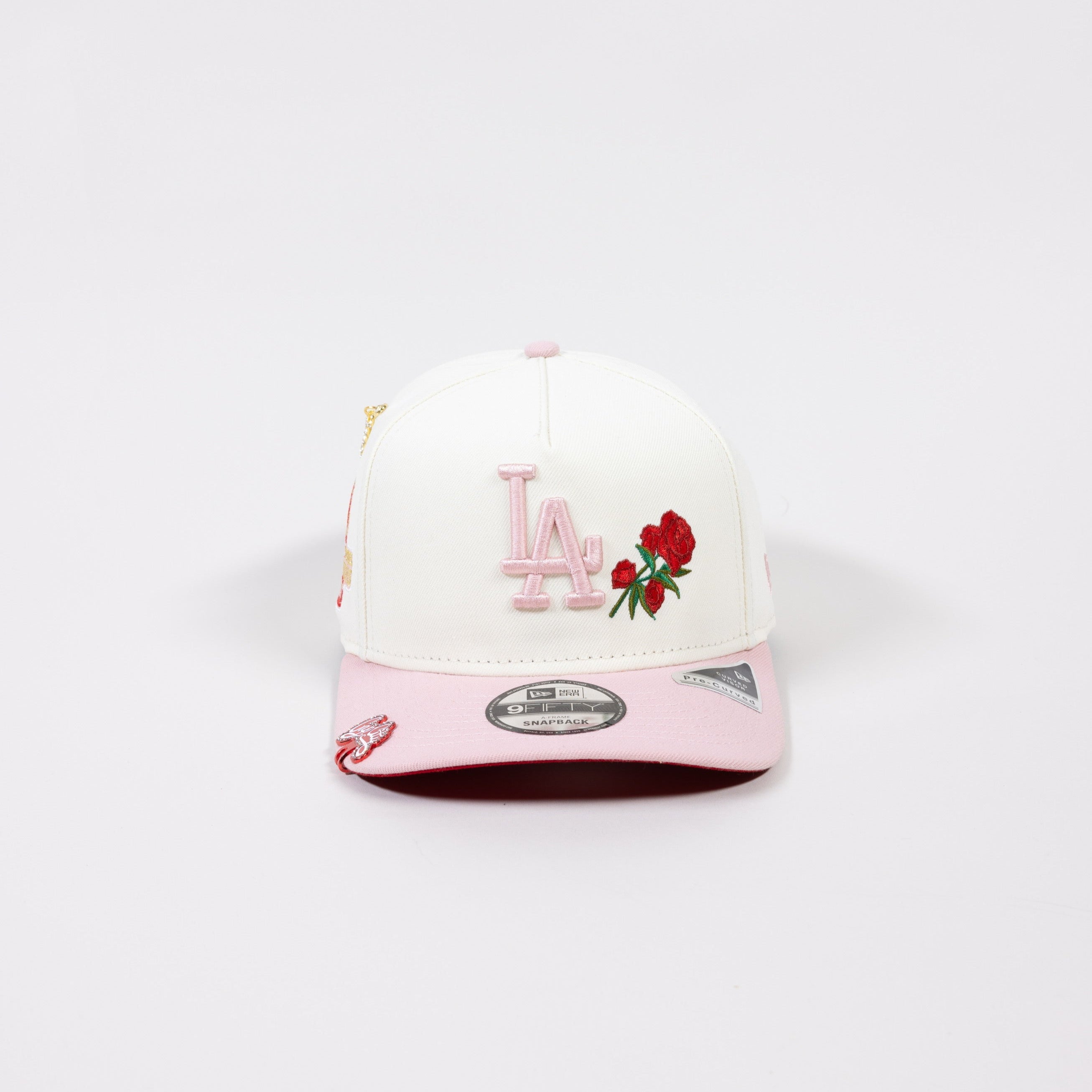 NEW ERA EXCLUSIVE 9FIFTY A-FRAME CHROME/ SOFT PINK LOS ANGELES DODGERS SNAPBACK W/ 2024 WORLD SERIES CHAMPIONS SIDE PATCH-Maverick