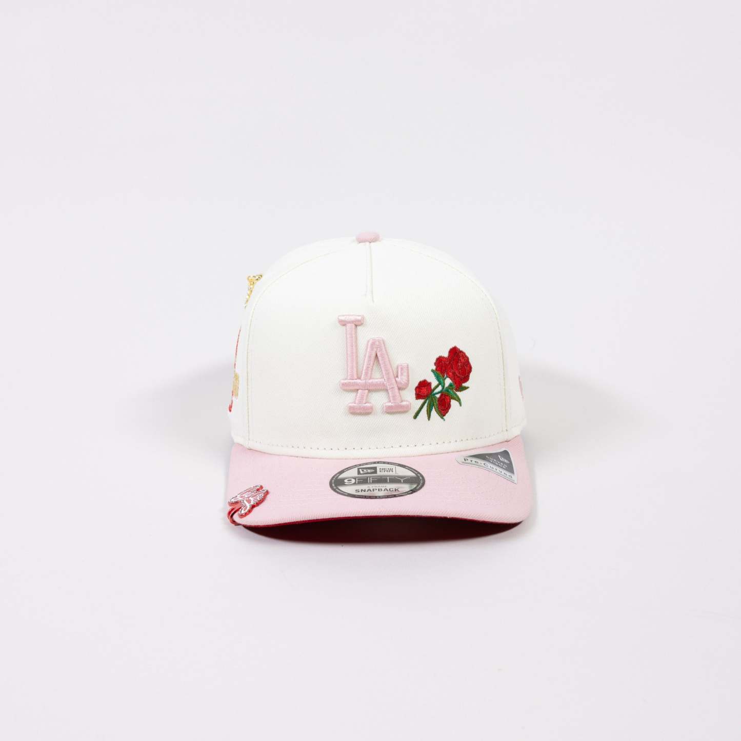 NEW ERA EXCLUSIVE 9FIFTY A-FRAME CHROME/ SOFT PINK LOS ANGELES DODGERS SNAPBACK W/ 2024 WORLD SERIES CHAMPIONS SIDE PATCH-Maverick