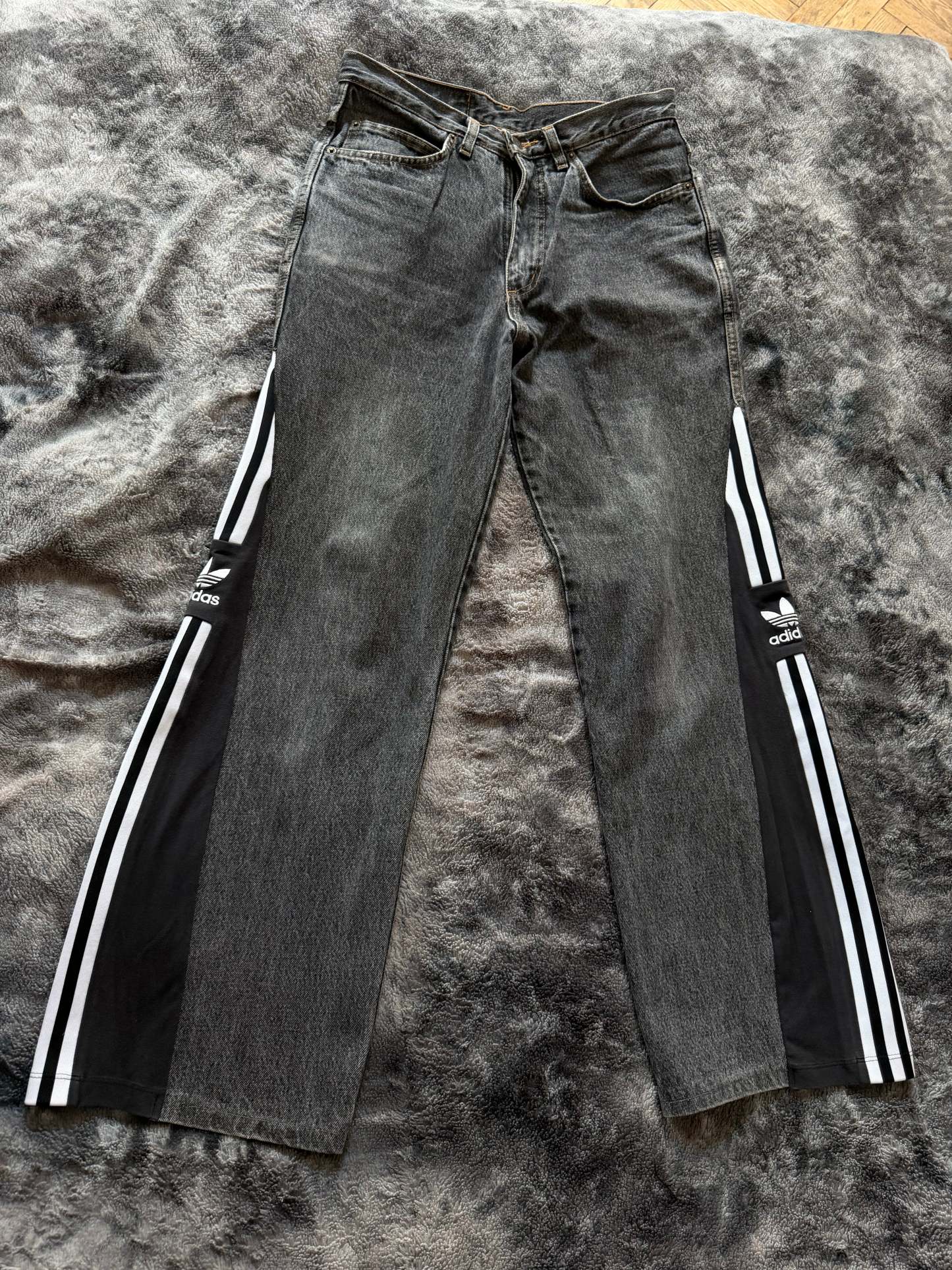 Custom Dark Grey Jeans with Three Stripes – One of a Kind – Size S/M