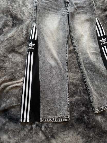 Custom Grey Wide Leg Jeans with Three Stripes – One of a Kind – Size XXS/XS