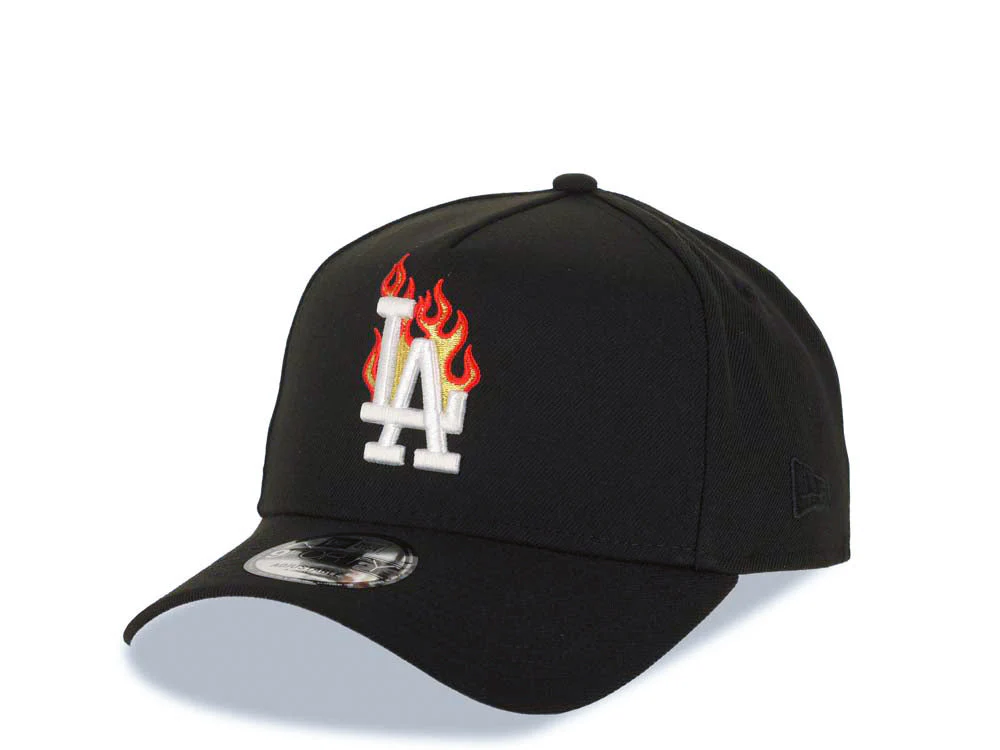NEW ERA LOS ANGELES DODGERS MLB 9FORTY 940 ADJUSTABLE A-FRAME CAP HAT BLACK CROWN/VISOR WHITE/METALLIC GOLD/RED FIRE/FLAME LOGO 40TH ANNIVERSARY SIDE PATCH GRAY UV-Maverick