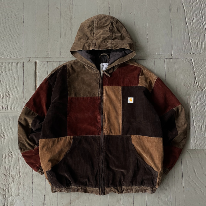 Vintage contrast zip-up hooded corduroy jacket-Maverick