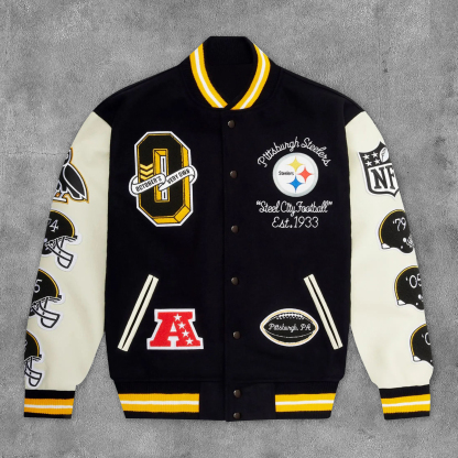 Steelers Print Long Sleeve Baseball Jacket-Maverick