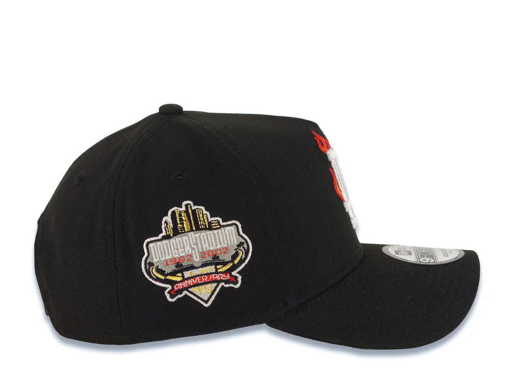 NEW ERA LOS ANGELES DODGERS MLB 9FORTY 940 ADJUSTABLE A-FRAME CAP HAT BLACK CROWN/VISOR WHITE/METALLIC GOLD/RED FIRE/FLAME LOGO 40TH ANNIVERSARY SIDE PATCH GRAY UV-Maverick