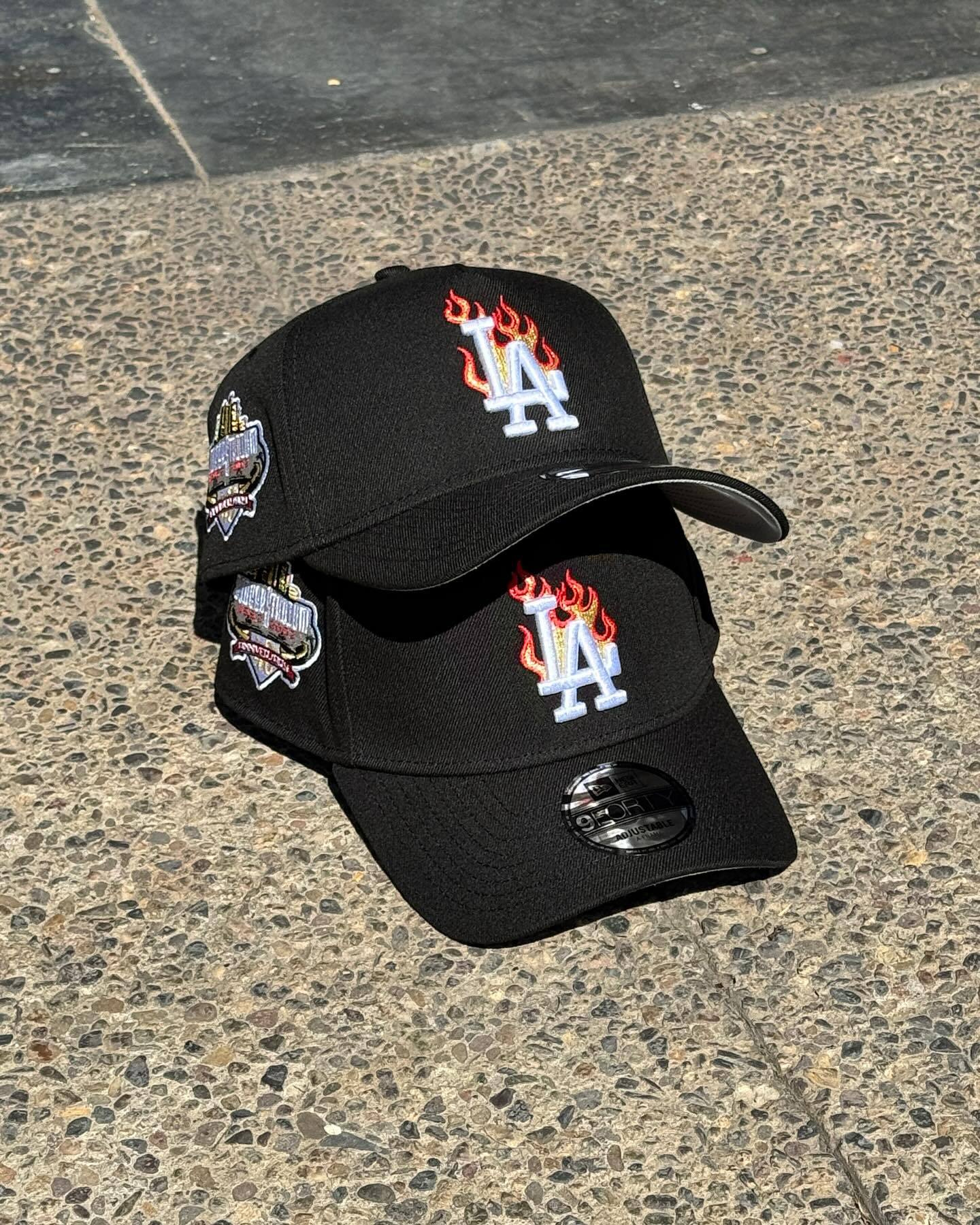 NEW ERA LOS ANGELES DODGERS MLB 9FORTY 940 ADJUSTABLE A-FRAME CAP HAT BLACK CROWN/VISOR WHITE/METALLIC GOLD/RED FIRE/FLAME LOGO 40TH ANNIVERSARY SIDE PATCH GRAY UV-Maverick